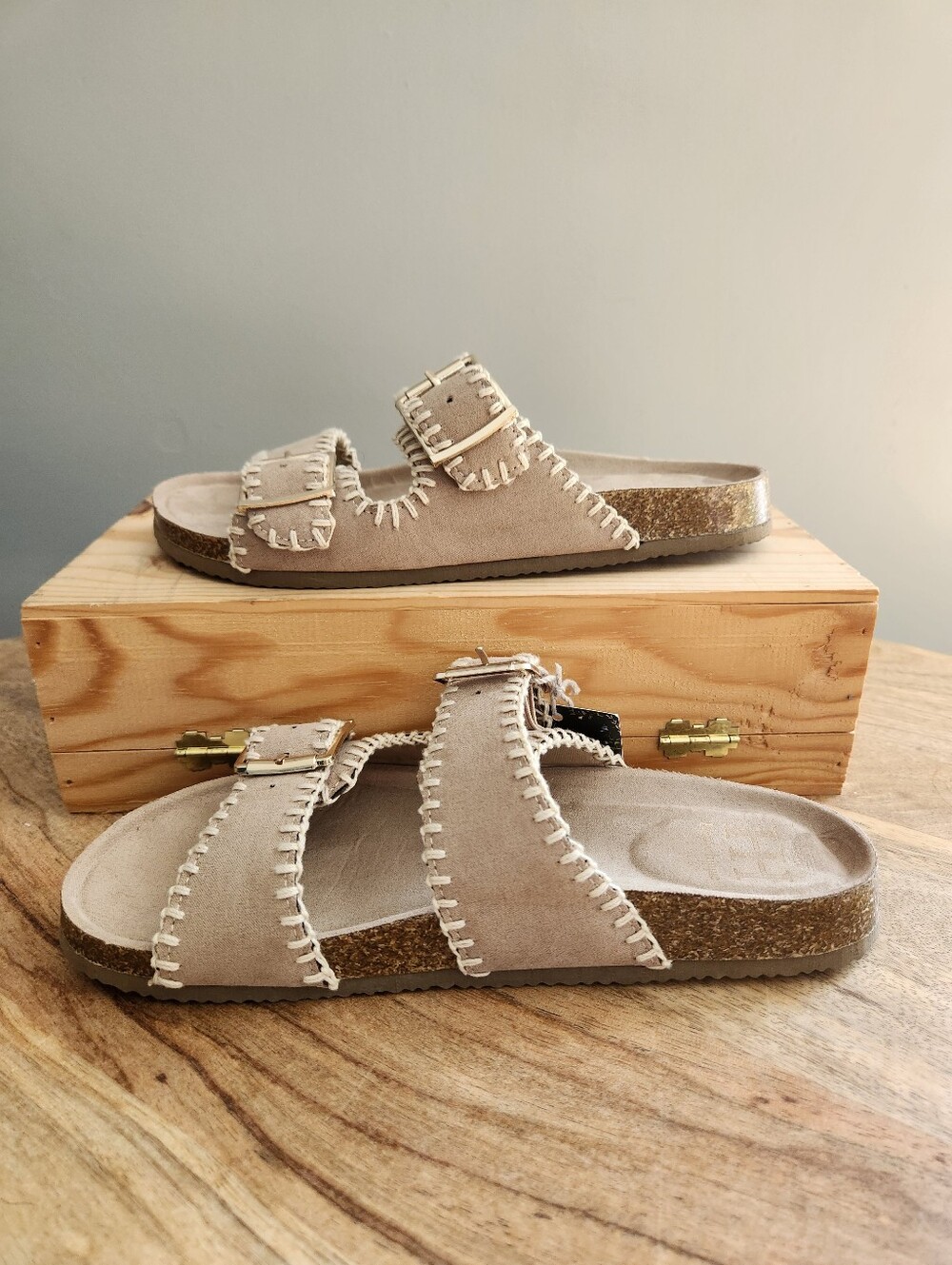 Haute Hippie Taupe Double-Buckle Embroidered Slide Sandals - Picture 4 of 16